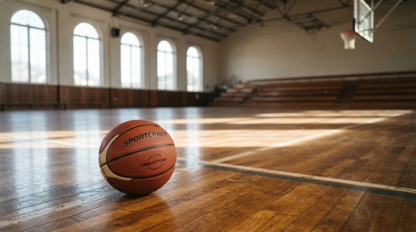 Ein Basketball liegt auf dem Parkett einer leeren Halle, Licht fällt durch hohe Fenster.