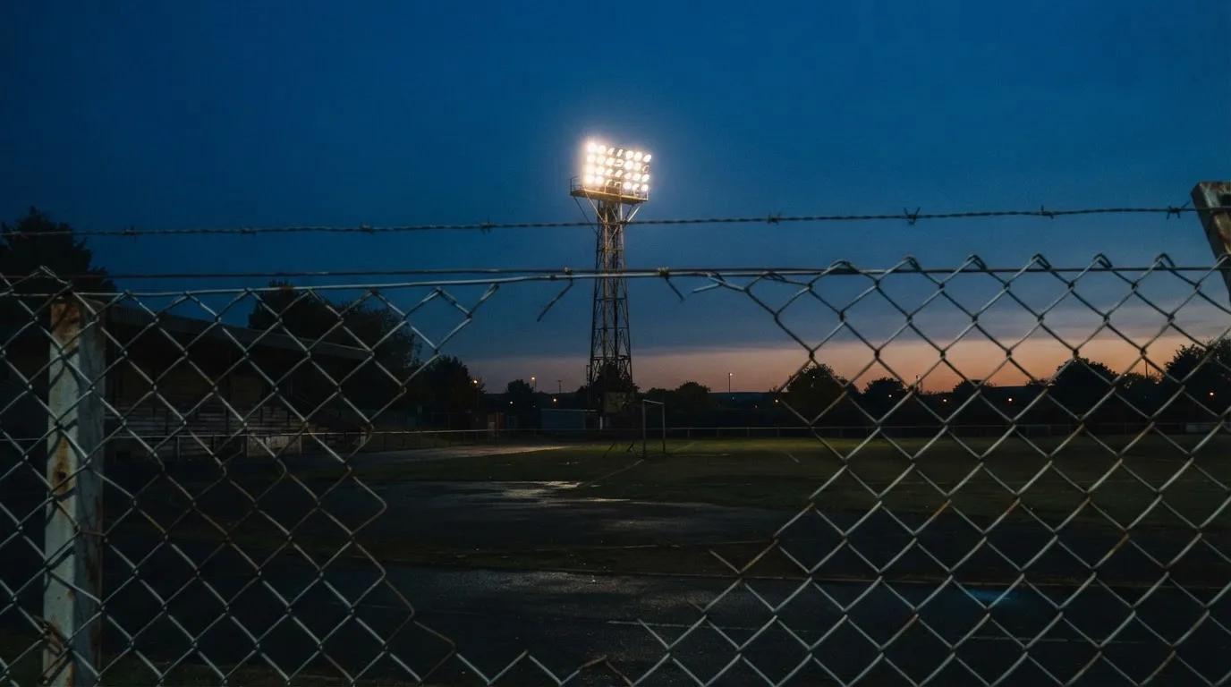 Eine Flutlichtanlage über einem leeren Sportplatz am Abend, im Vordergrund ein Maschendrahtzaun.