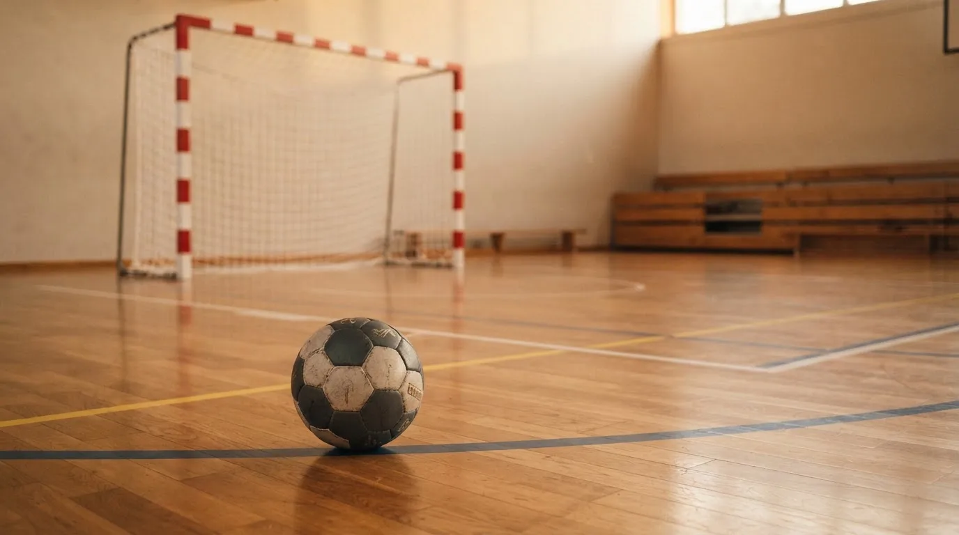 Ein Handball liegt in einer leeren Halle auf dem Boden vor dem Tor.