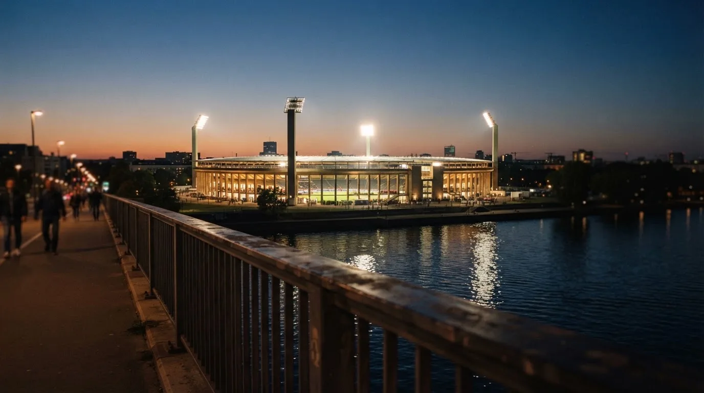 Ein Stadion bei Dämmerung mit eingeschalteten Flutlichtmasten, von einer Brücke aus aufgenommen.