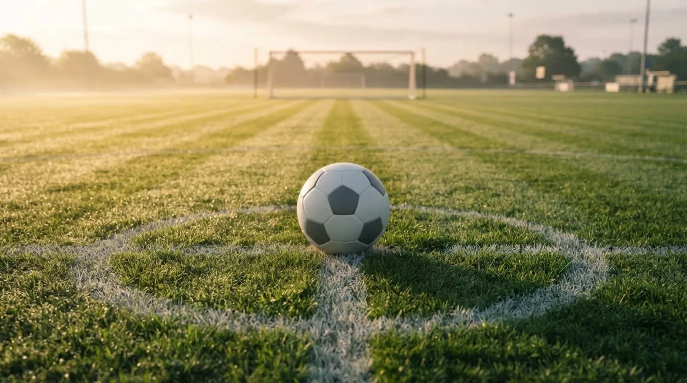 Ein Fußball liegt auf dem Anstoßkreis eines leeren Rasenplatzes im frühen Morgenlicht.