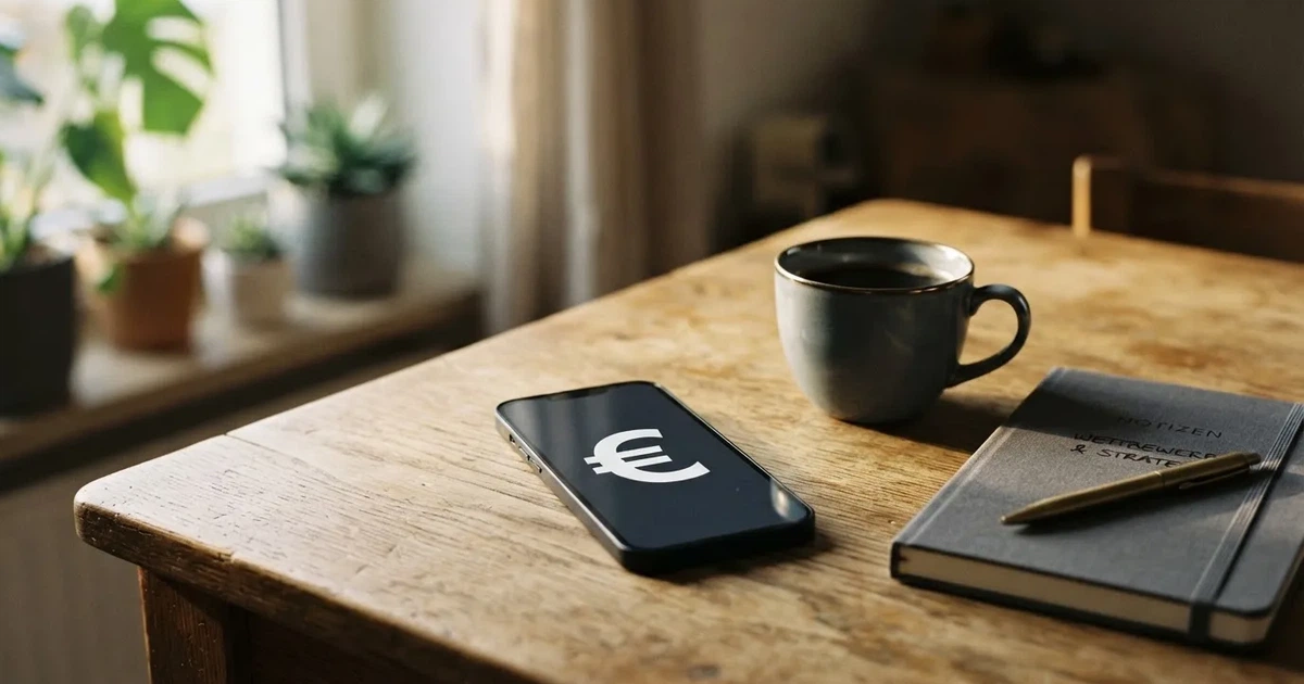 Ein Smartphone mit dunklem Display liegt neben einer Kaffeetasse und einem Notizbuch auf einem Küchentisch.