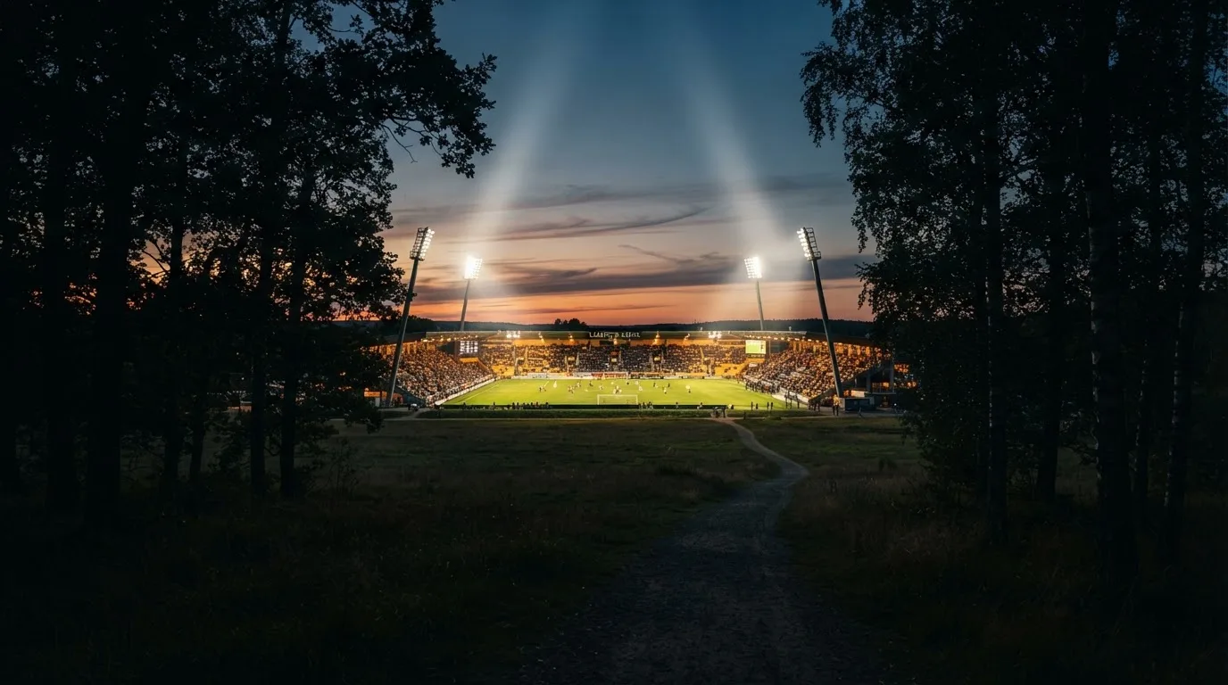 Ein Stadion unter Flutlicht aus großer Entfernung, davor die Silhouetten von Bäumen im Abendhimmel.