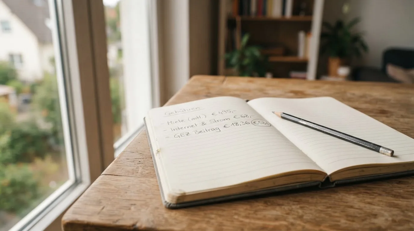 Ein aufgeschlagenes Notizbuch mit handschriftlichen Notizen und ein Bleistift liegen auf einem Schreibtisch am Fenster.