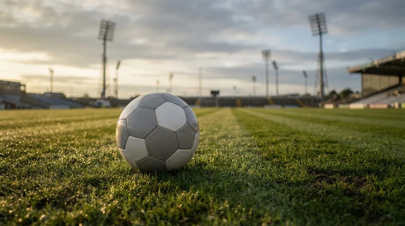 Ein Fußball auf einem Rasenplatz, im Hintergrund Flutlichtmasten und ein bewölkter Himmel.