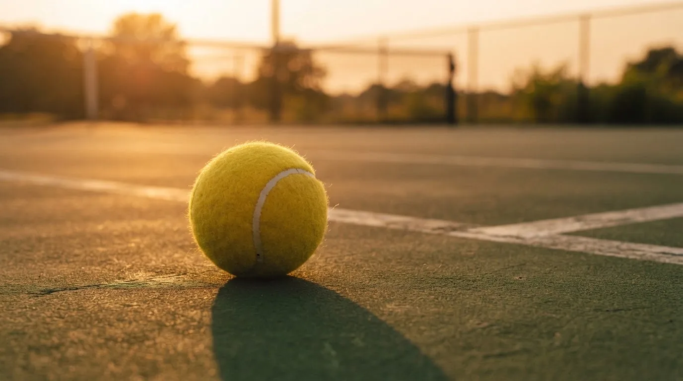 Mehrere Tennisbälle liegen nebeneinander auf einem Hartplatz im Gegenlicht der tief stehenden Sonne.