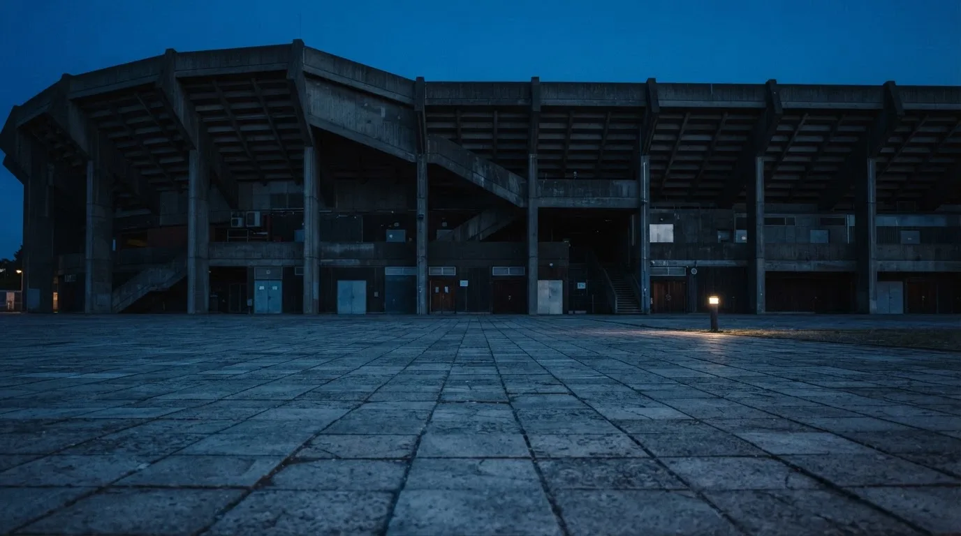 Die Rückseite einer Tribüne bei Dämmerung, davor ein menschenleerer Vorplatz mit Pflastersteinen.