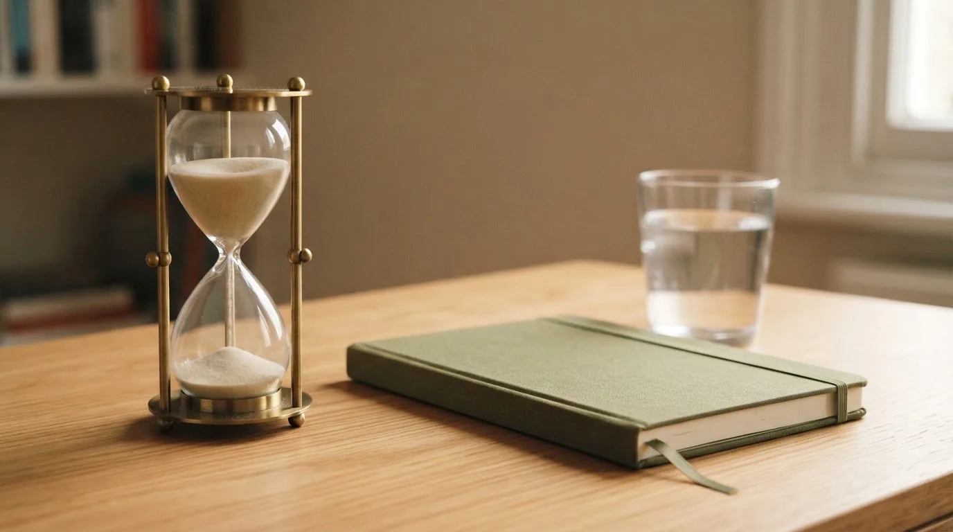 Eine Sanduhr steht neben einem geschlossenen Notizbuch auf einem Schreibtisch, daneben ein Glas Wasser.