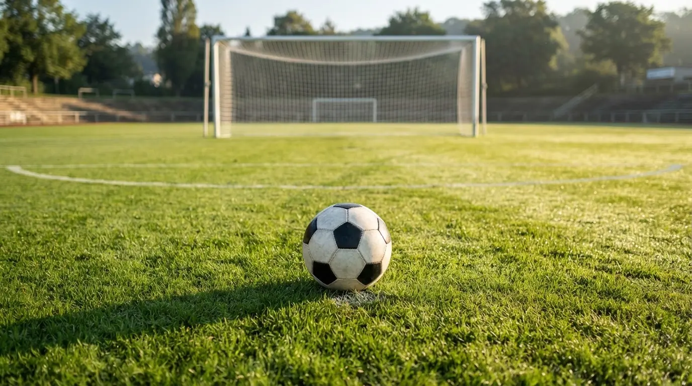 Ein Fußball auf dem Rasen vor einem leeren Tor im frühen Morgenlicht.