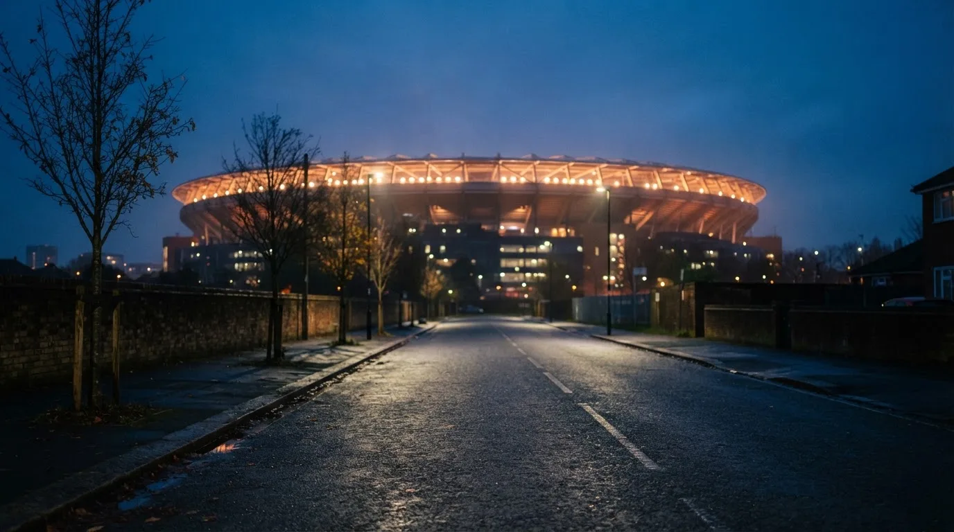 Ein Stadion aus der Ferne bei Flutlicht, davor eine ruhige Straße in der Abenddämmerung.