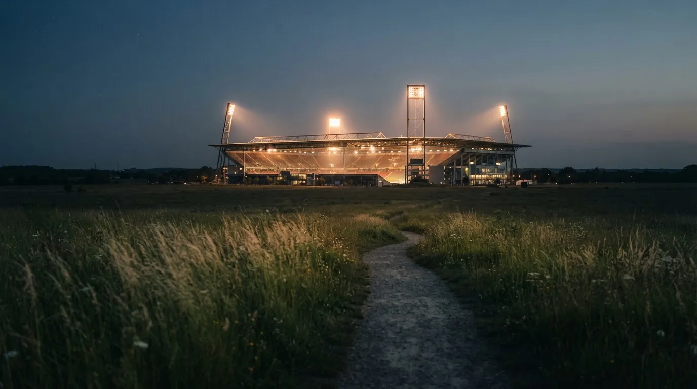 Ein hell beleuchtetes Stadion aus der Ferne in der Dämmerung, im Vordergrund ein Feld mit hohem Gras.