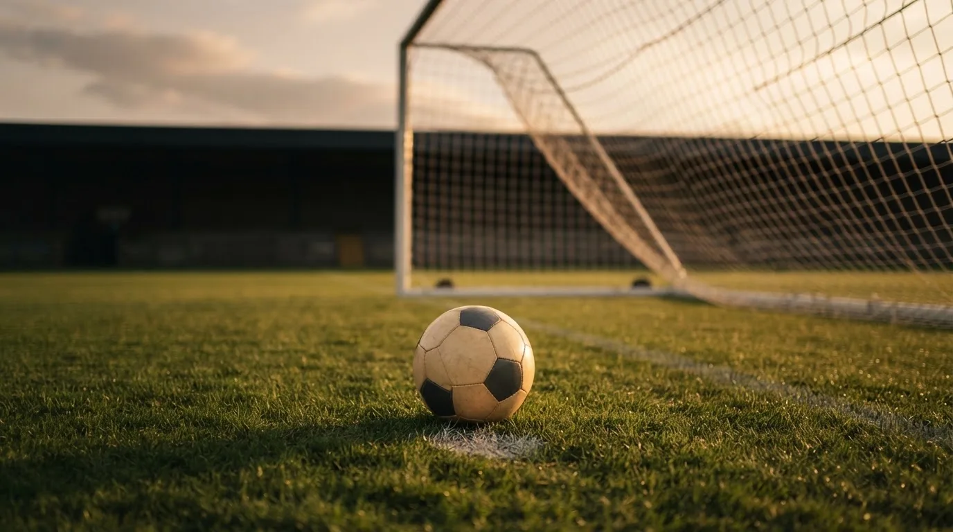 Ein Fußball liegt im Strafraum eines leeren Platzes, dahinter die Netze des Tores im Abendlicht.