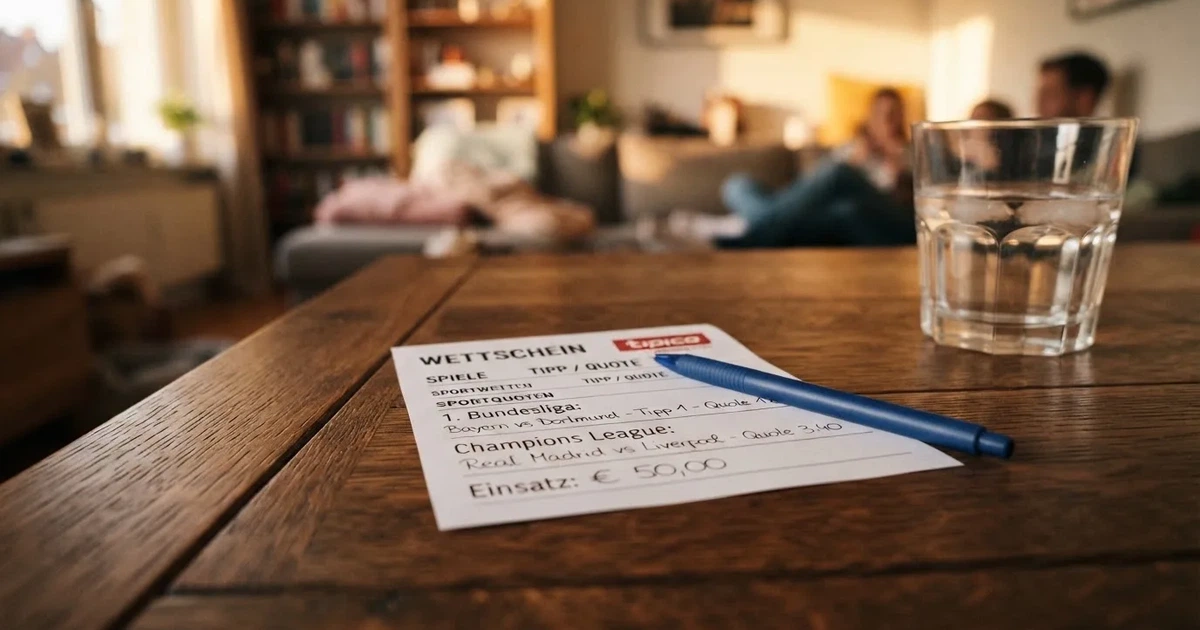 Ein leerer Papier-Wettschein liegt zusammen mit einem Kugelschreiber auf einem Tisch, daneben ein Glas Wasser.
