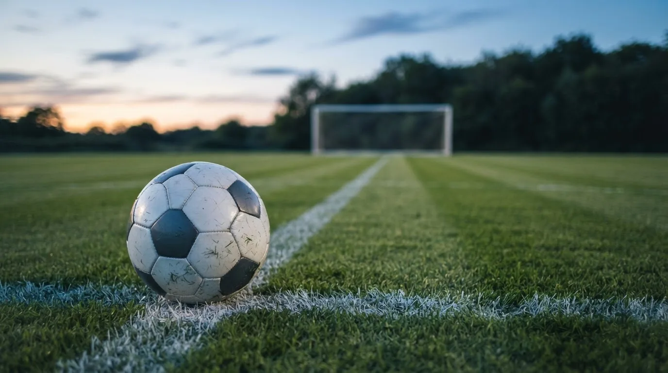 Ein Fußball liegt auf dem Elfmeterpunkt eines leeren Platzes im Abendlicht.