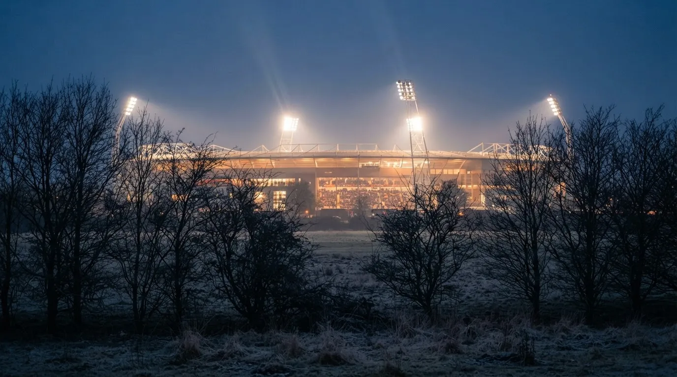 Ein Stadion unter Flutlicht, aus großer Entfernung gesehen, davor eine Reihe kahler Bäume im Dämmerlicht.