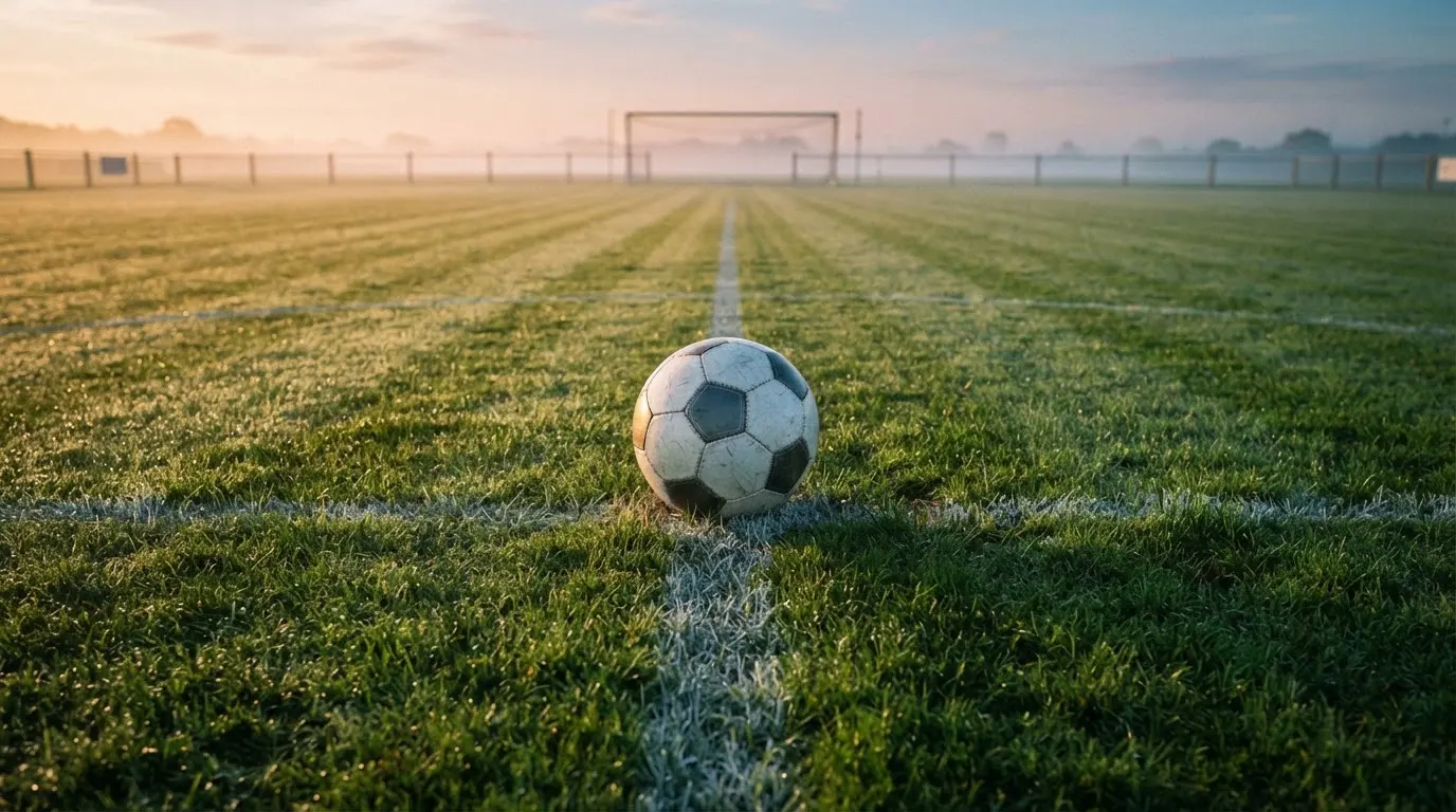 Ein Fußball auf dem Mittelkreis eines leeren Rasenplatzes im frühen Morgenlicht.