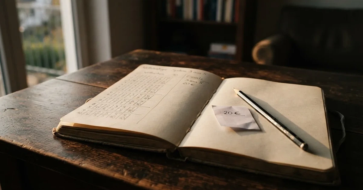 Ein Notizbuch mit handschriftlichen Zahlenreihen und Kästchen liegt neben einem Taschenrechner und einem Bleistift auf einem Schreibtisch.