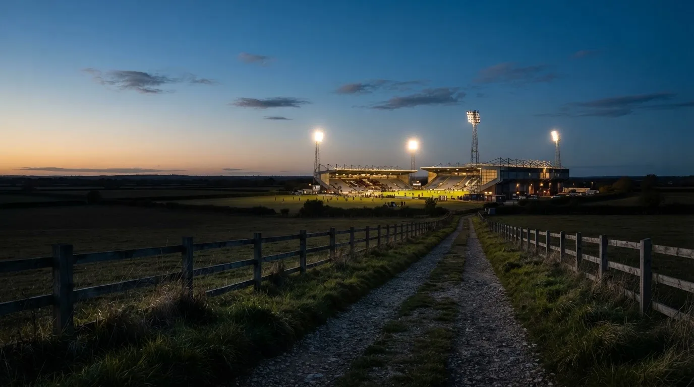 Ein beleuchtetes Stadion aus großer Distanz am Abend, im Vordergrund ein Feldweg.
