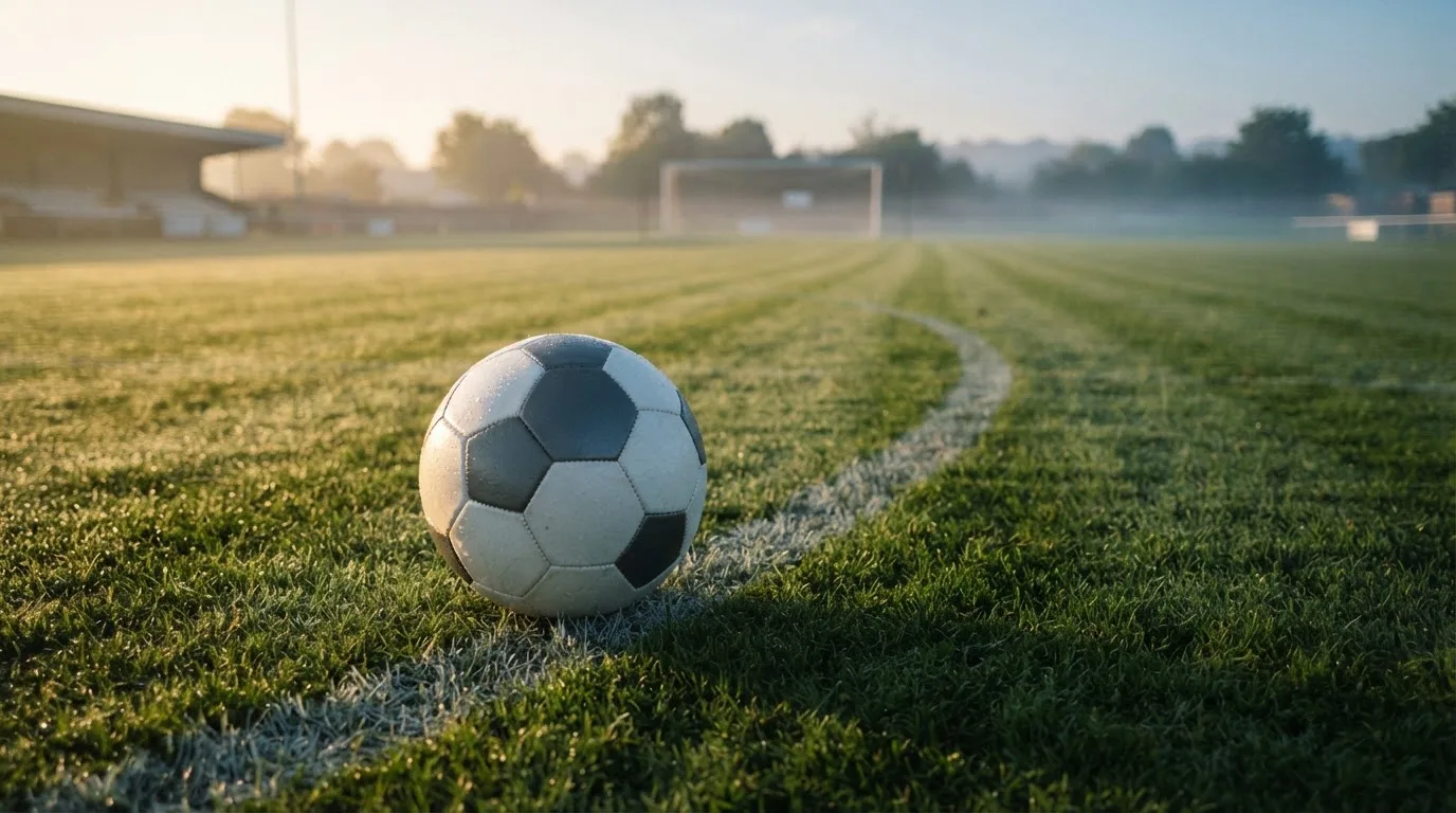 Ein Fußball liegt am Rand des Mittelkreises auf einem leeren Rasenplatz bei Sonnenaufgang.