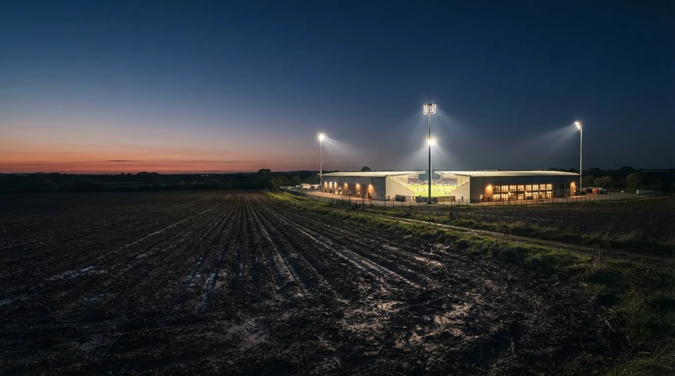 Ein Stadion unter Flutlicht aus großer Entfernung, davor ein dunkler Acker im Abendlicht.