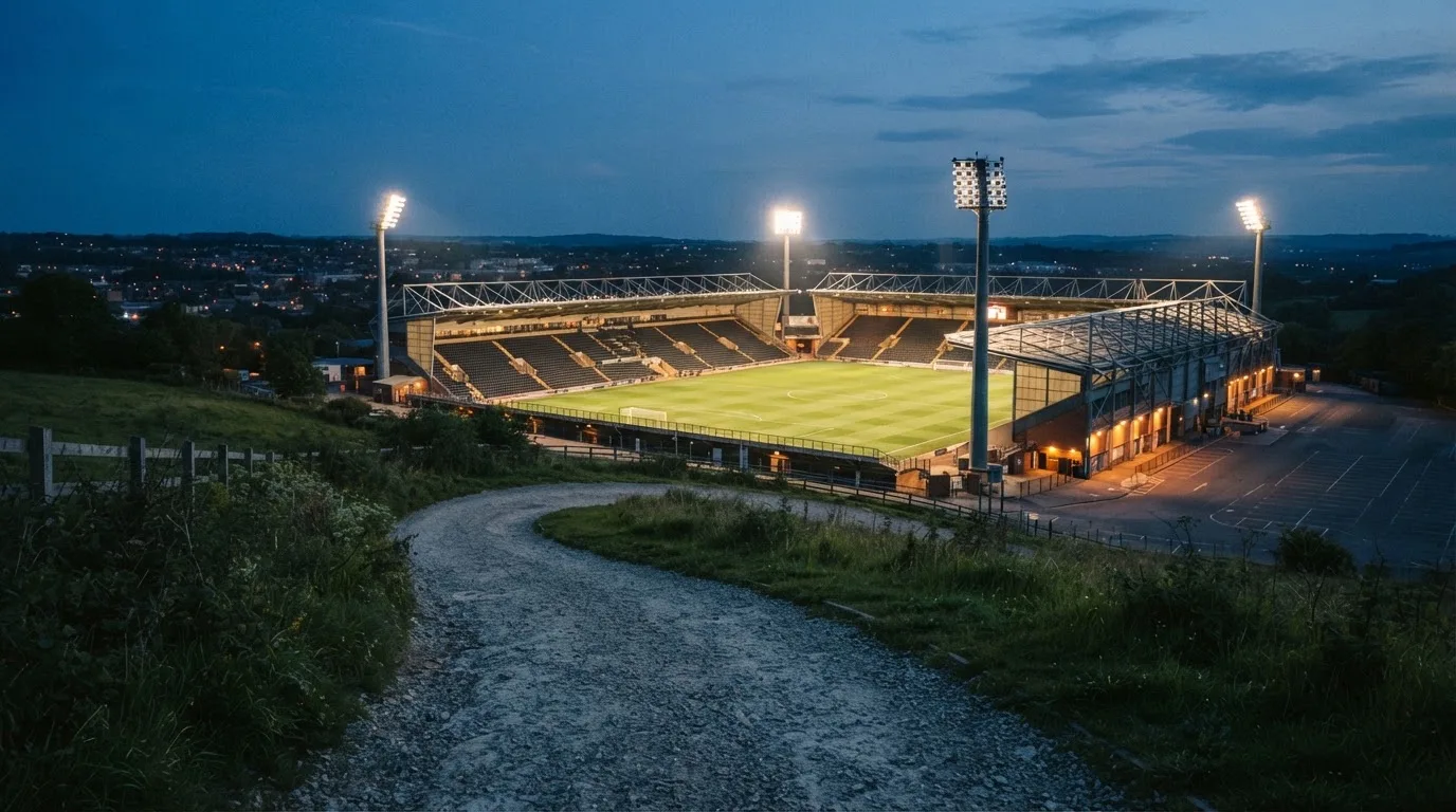 Ein Stadion unter Flutlicht, von einer Anhöhe aus gesehen, davor ein stiller Weg in der Dämmerung.