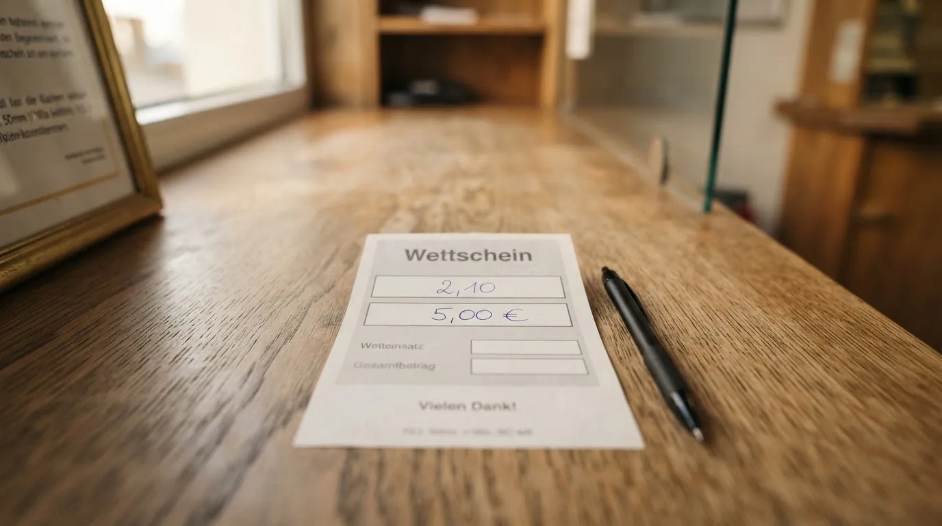 Ein leerer Wettschein aus Papier liegt neben einem Stift auf einer hölzernen Theke, weiches Licht fällt von der Seite ein.