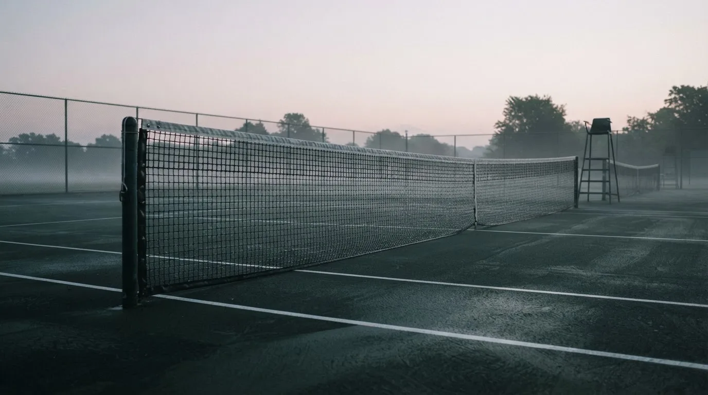 Ein Tennisplatz im Morgengrauen, das Netz und die Linien liegen im Tau, im Hintergrund leichter Nebel und kein Mensch zu sehen.