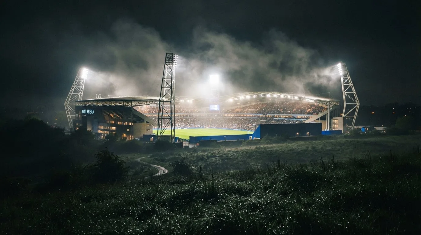 Ein Stadion unter Flutlicht, aus großer Entfernung über eine dunkle Wiese fotografiert, am Himmel zieht Nebel auf.
