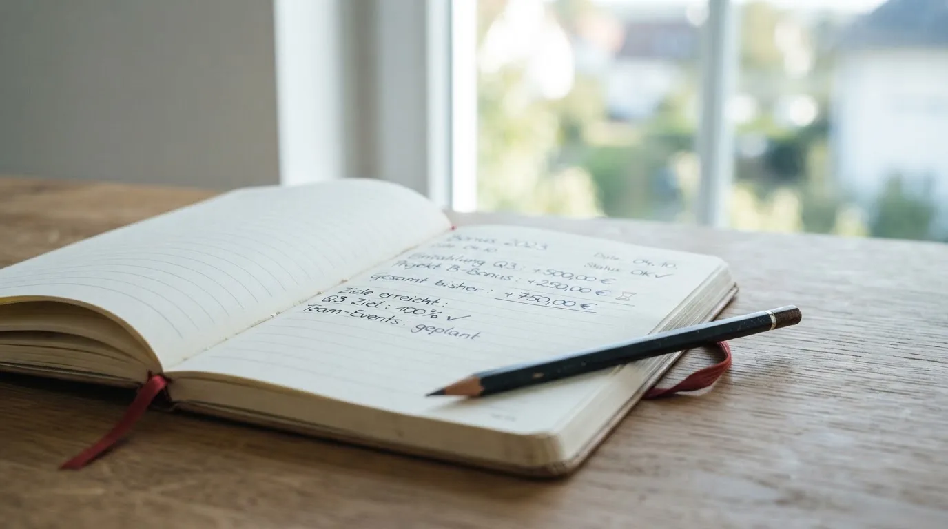 Ein Notizbuch mit handschriftlichen Notizen und ein Bleistift liegen auf einem Schreibtisch am Fenster, draußen fällt Morgenlicht herein.