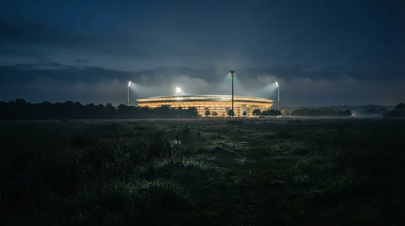 Ein Stadion unter Flutlicht, aus großer Entfernung über eine dunkle Wiese fotografiert, am Himmel zieht Nebel auf.