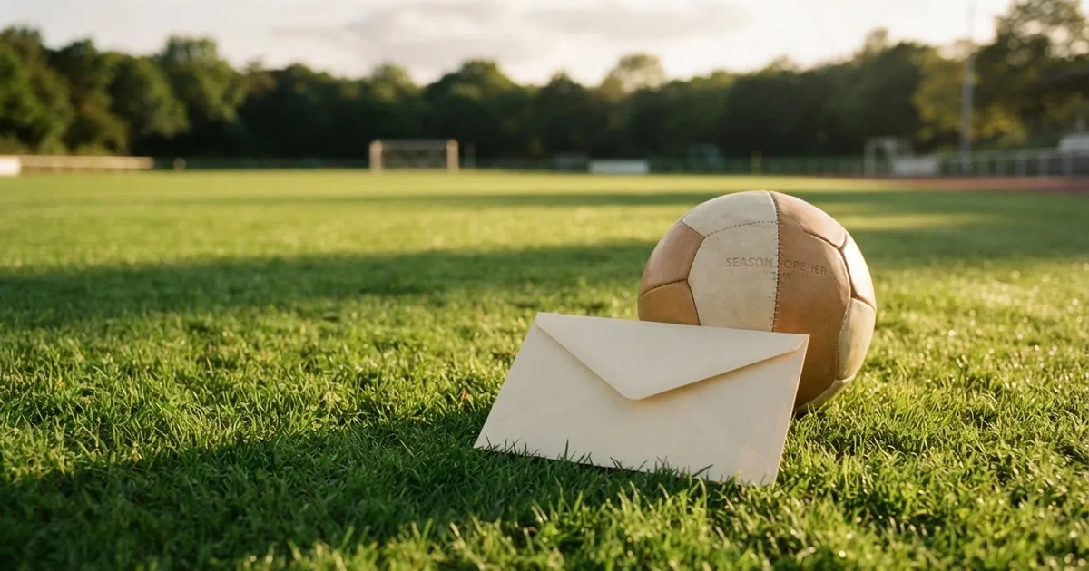 Ein verschlossener leerer Briefumschlag liegt neben einem Fußball auf grünem Rasen im warmen Licht des Nachmittags.