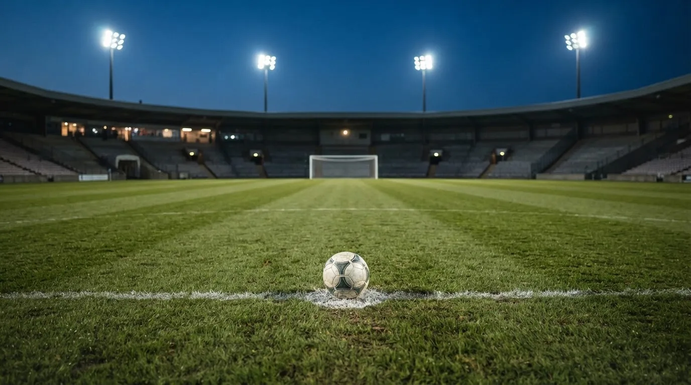 Ein Fußball liegt auf dem Anstoßpunkt eines leeren Rasenplatzes, im Hintergrund steht ein Stadion unter Flutlicht in der Dämmerung.