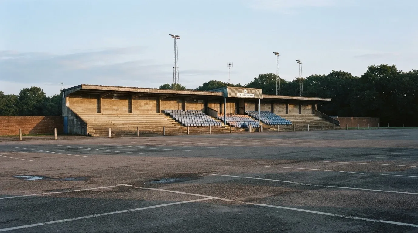 Eine leere Tribüne eines kleinen Stadions am frühen Morgen, aus der Ferne über einen menschenleeren Parkplatz fotografiert.