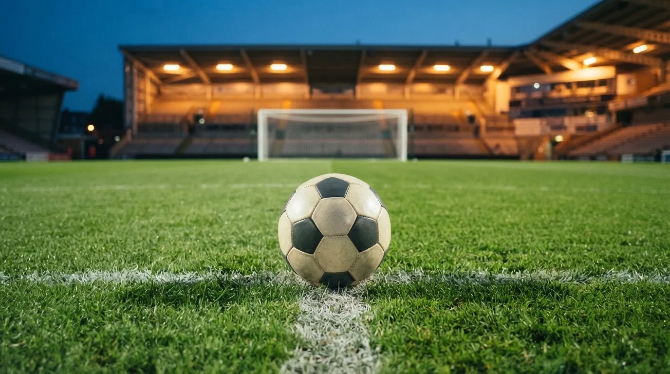 Ein Fußball liegt auf dem Rasen eines leeren Platzes, im Hintergrund ein Stadion unter Flutlicht in der Abenddämmerung.