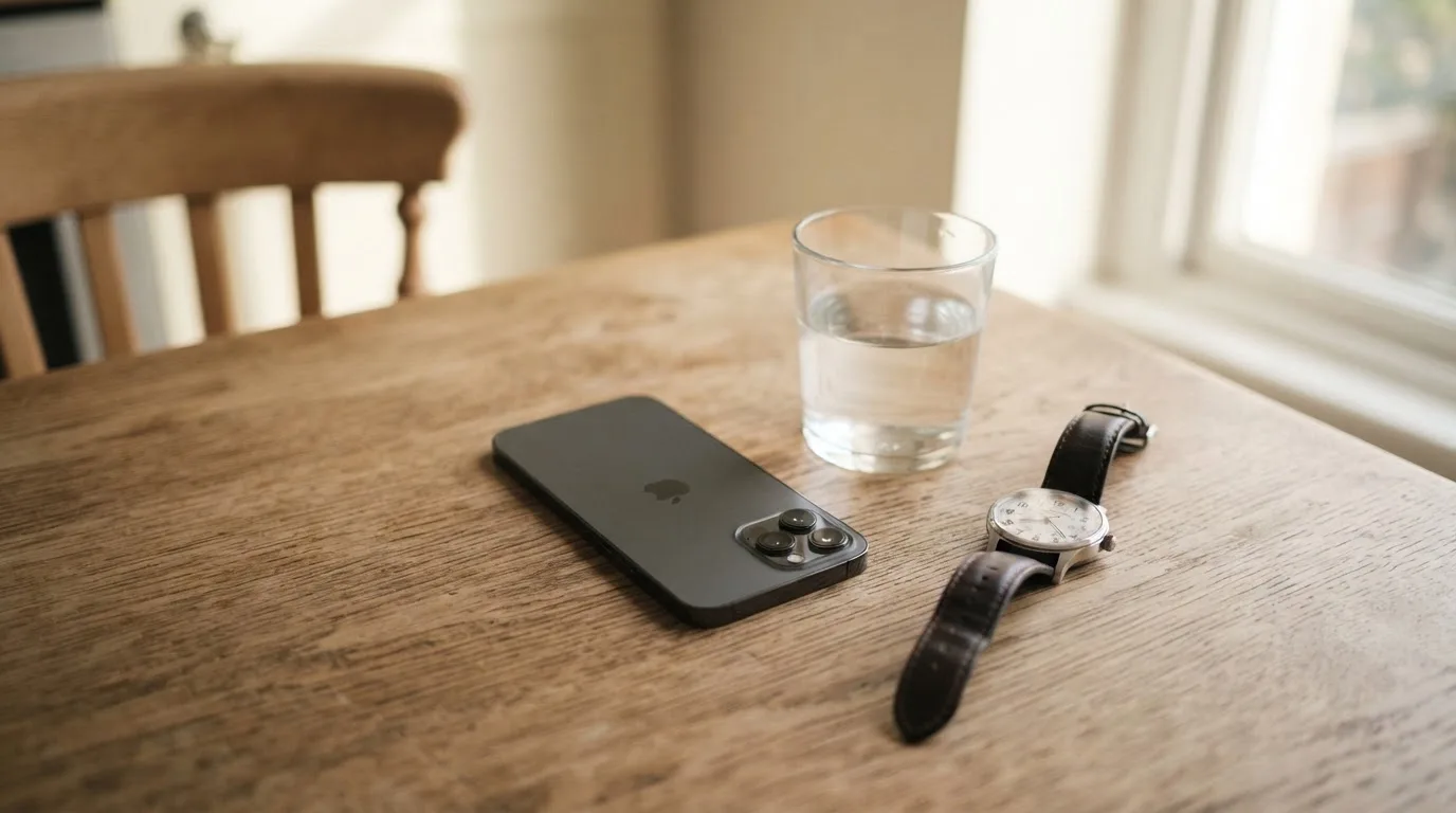 Ein Smartphone liegt mit dem Display nach unten auf einem Küchentisch, daneben stehen ein Glas Wasser und eine Armbanduhr.