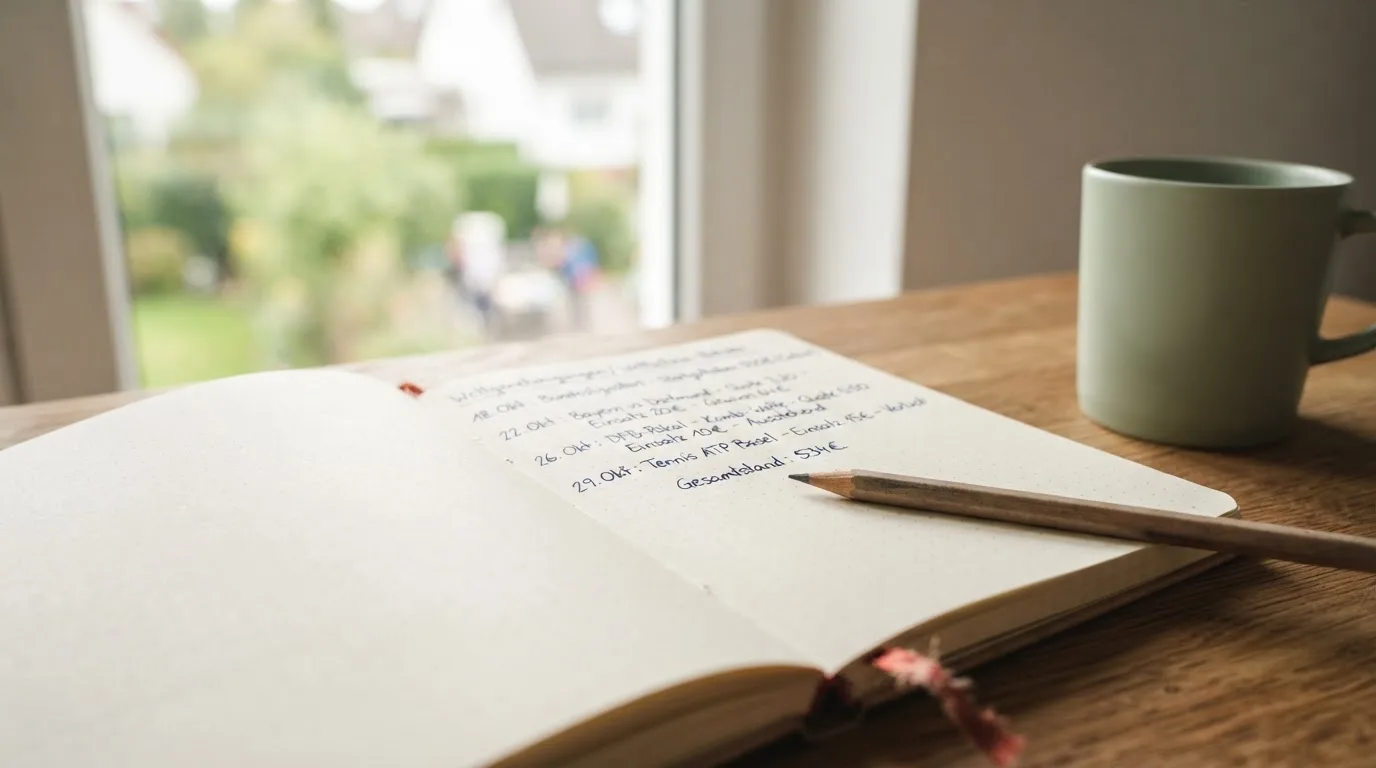 Ein Notizbuch mit handschriftlichen Notizen und ein Bleistift liegen auf einem Schreibtisch am Fenster, draußen fällt Morgenlicht herein.