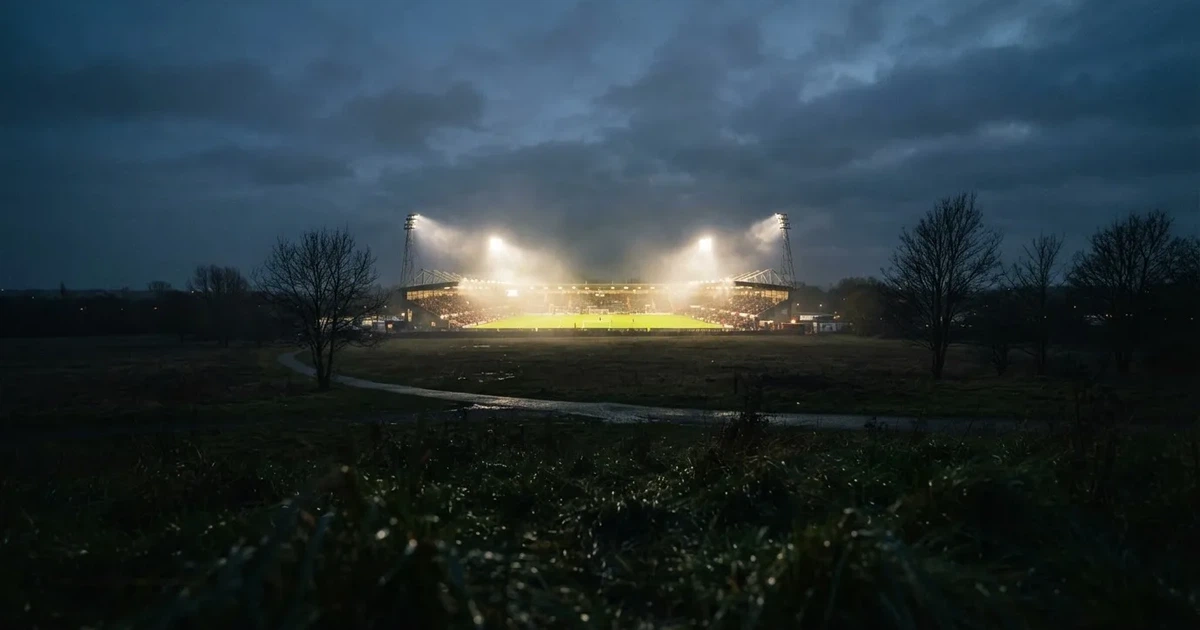 Ein Stadion unter Flutlicht, aus großer Entfernung über eine dunkle Wiese fotografiert, am Himmel zieht Nebel auf.