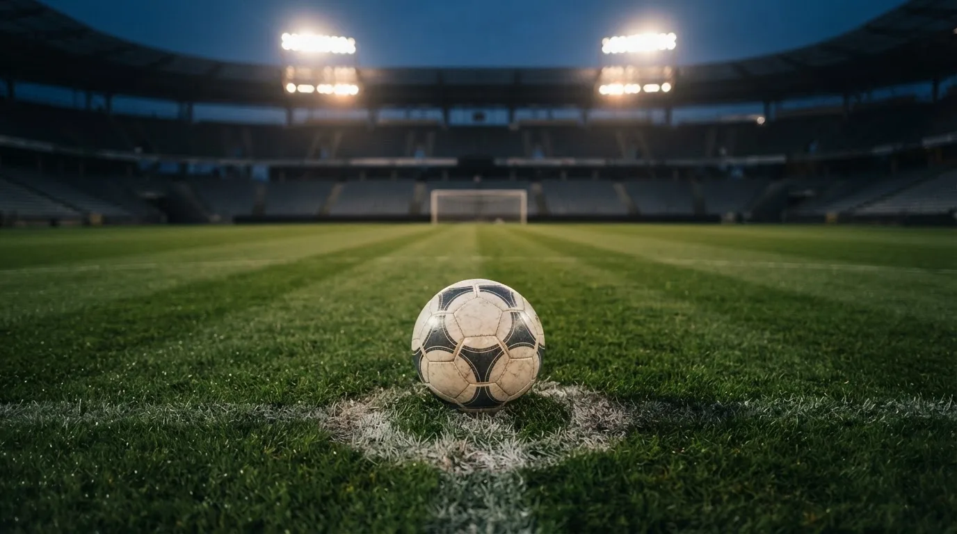 Ein Fußball liegt auf dem Anstoßpunkt eines leeren Rasenplatzes, im Hintergrund steht ein Stadion unter Flutlicht in der Dämmerung.
