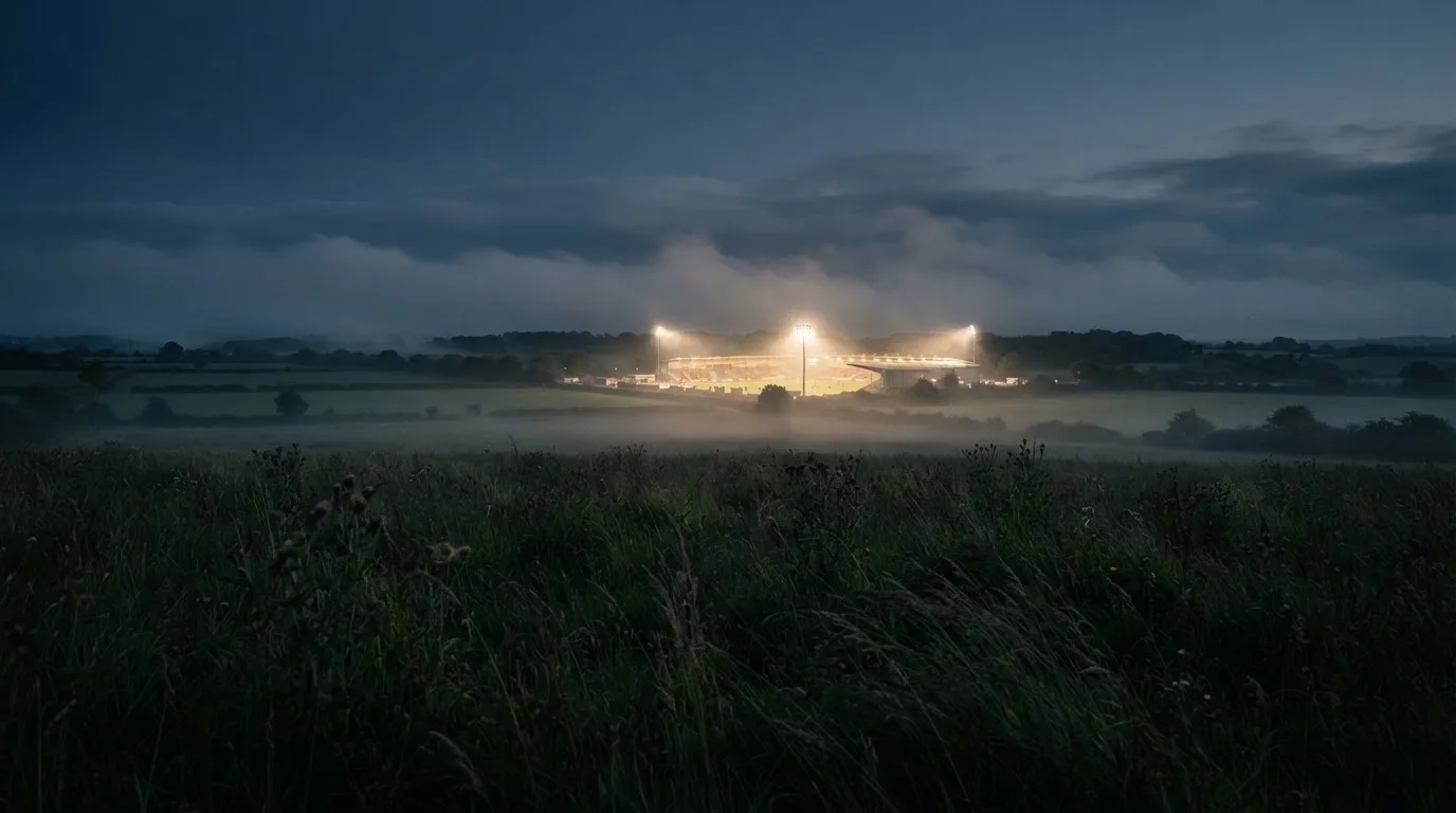 Ein Stadion unter Flutlicht, aus großer Entfernung über eine dunkle Wiese fotografiert, am Himmel zieht Nebel auf.