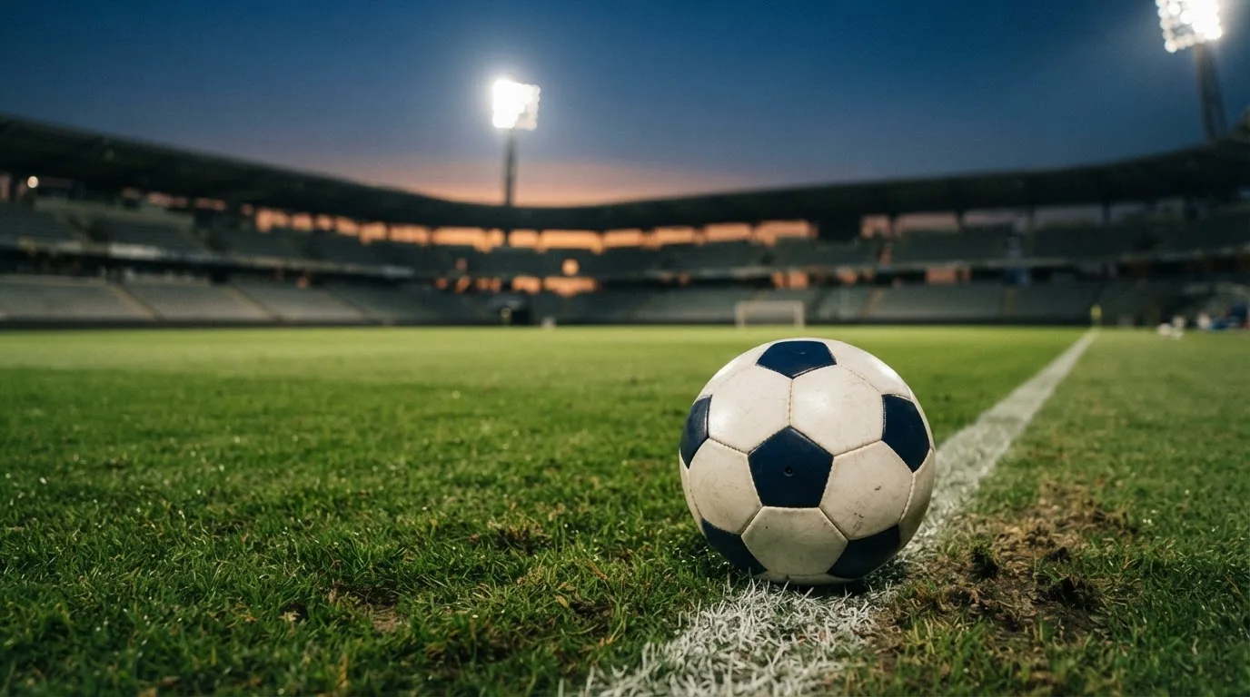 Ein Fußball liegt auf dem Rasen eines leeren Platzes, im Hintergrund ein Stadion unter Flutlicht in der Abenddämmerung.