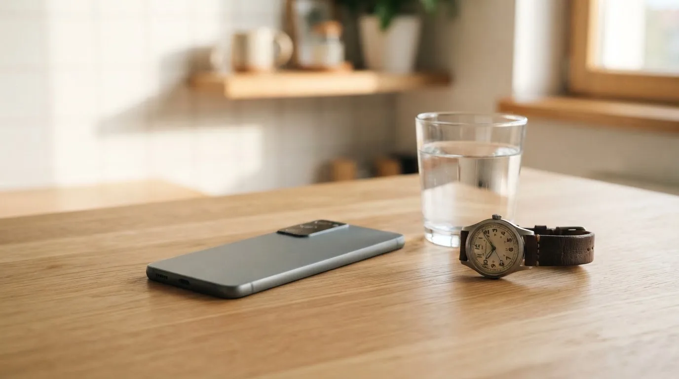Ein Smartphone liegt mit dem Display nach unten auf einem Küchentisch, daneben stehen ein Glas Wasser und eine Armbanduhr.