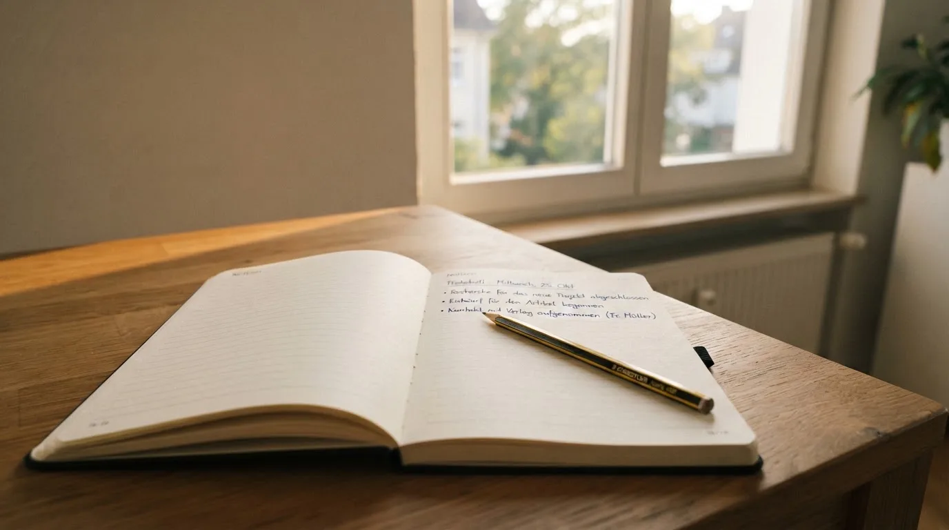 Ein Notizbuch mit handschriftlichen Notizen und ein Bleistift liegen auf einem Schreibtisch am Fenster, draußen fällt Morgenlicht herein.