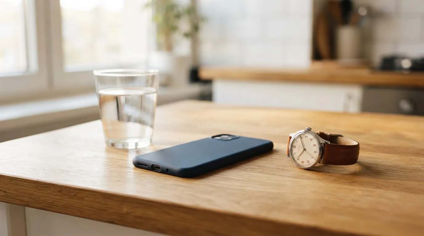 Ein Smartphone liegt mit dem Display nach unten auf einem Küchentisch, daneben stehen ein Glas Wasser und eine Armbanduhr.