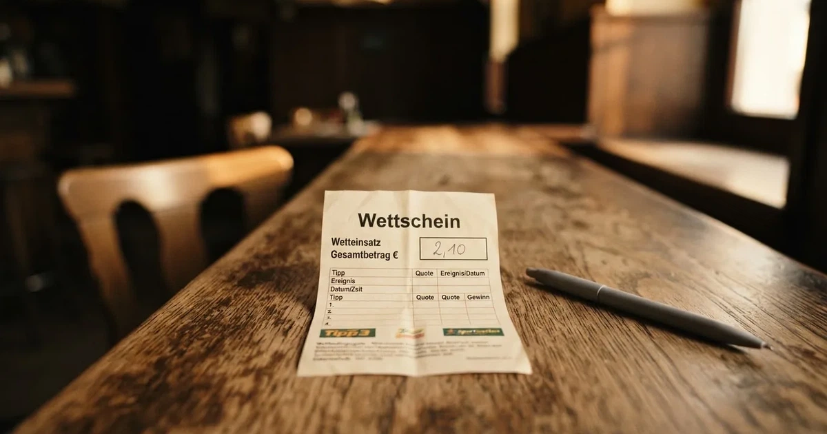 Ein leerer Wettschein aus Papier liegt neben einem Stift auf einer hölzernen Theke, weiches Licht fällt von der Seite ein.