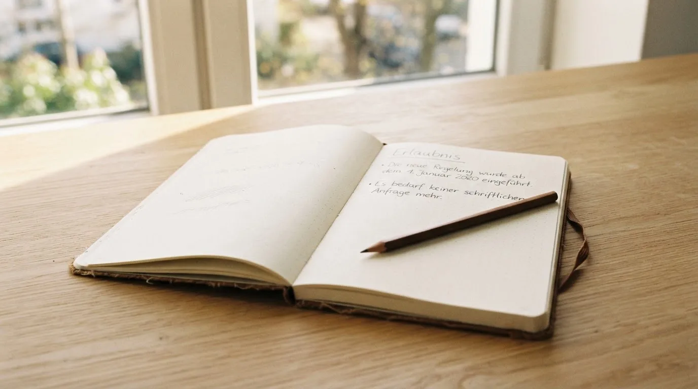 Ein Notizbuch mit handschriftlichen Notizen und ein Bleistift liegen auf einem Schreibtisch am Fenster, draußen fällt Morgenlicht herein.