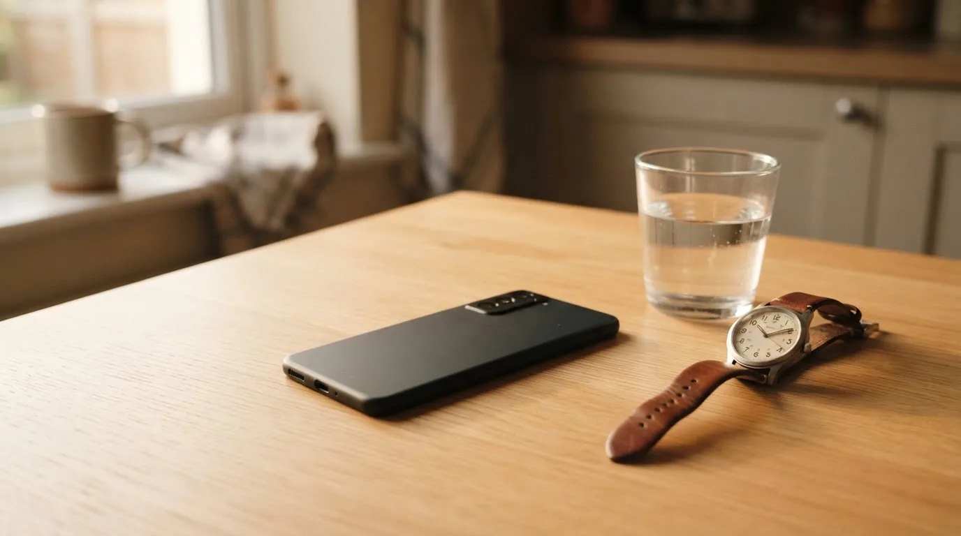 Ein Smartphone liegt mit dem Display nach unten auf einem Küchentisch, daneben stehen ein Glas Wasser und eine Armbanduhr.
