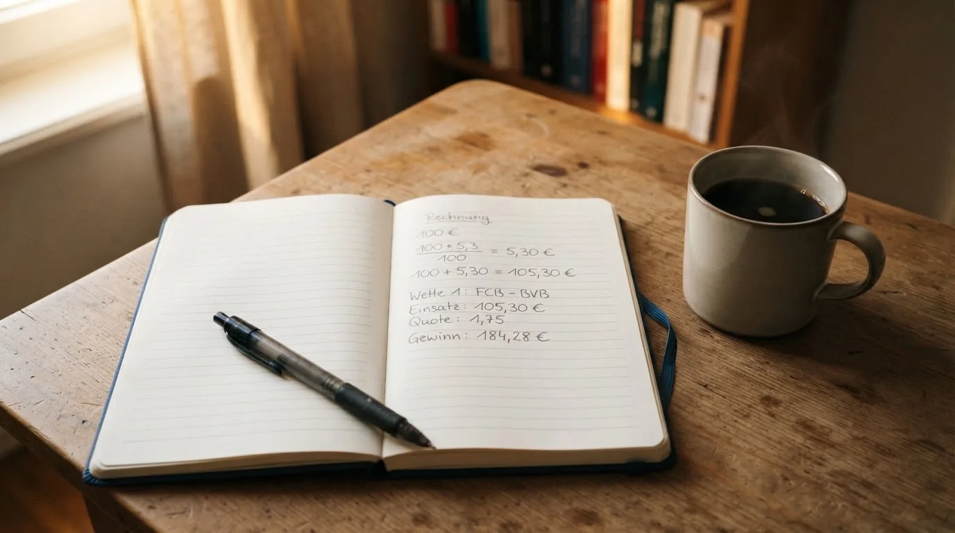 Ein Notizbuch mit handschriftlichen Rechnungen und ein Taschenrechner liegen auf einem Schreibtisch neben einer Tasse Kaffee im Licht des frühen Morgens.