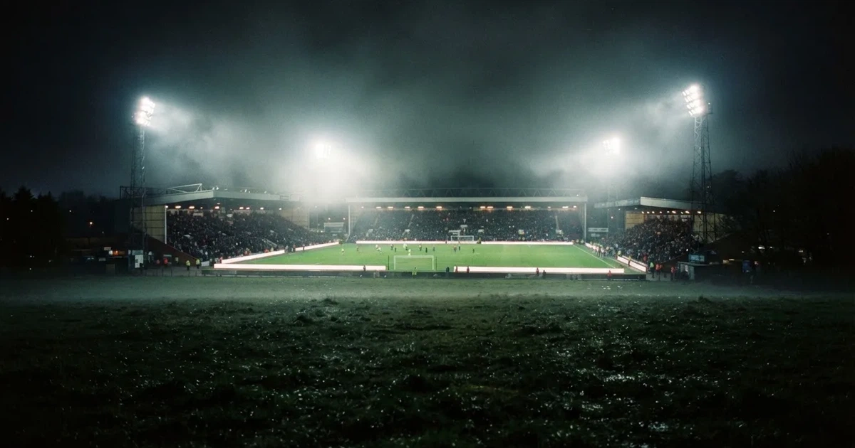 Ein Stadion unter Flutlicht, aus großer Entfernung über eine dunkle Wiese fotografiert, am Himmel zieht Nebel auf.