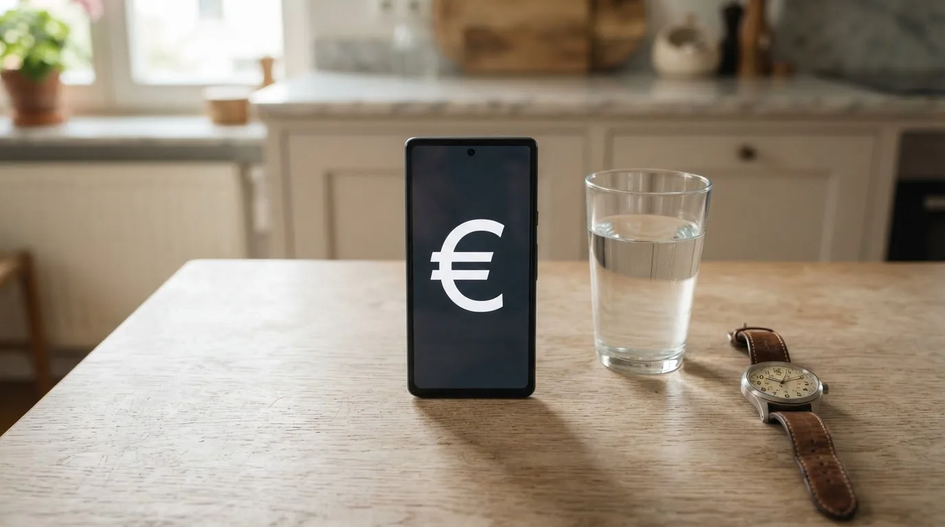 Ein Smartphone liegt mit dem Display nach unten auf einem Küchentisch, daneben stehen ein Glas Wasser und eine Armbanduhr.