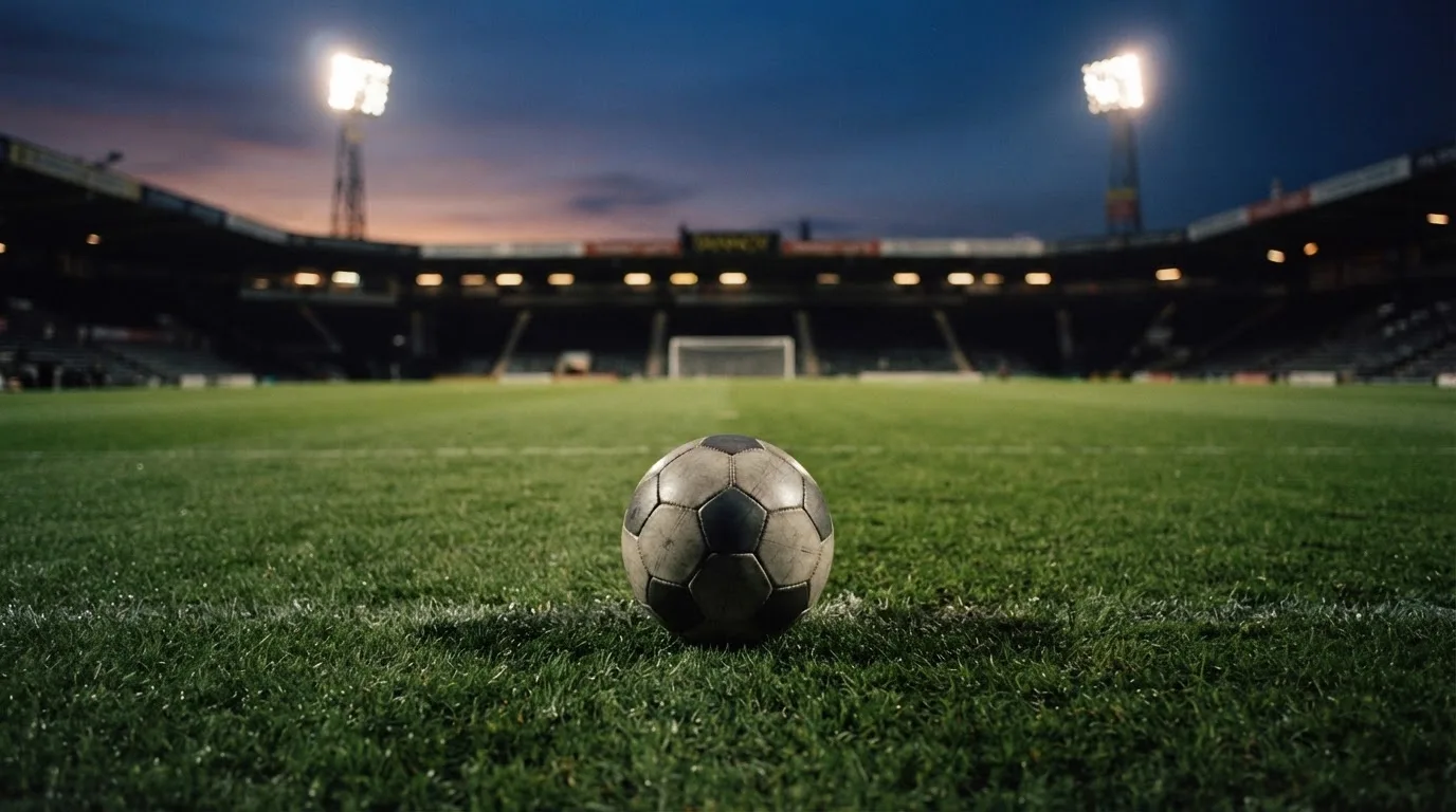 Ein Fußball liegt auf dem Rasen eines leeren Platzes, im Hintergrund ein Stadion unter Flutlicht in der Abenddämmerung.